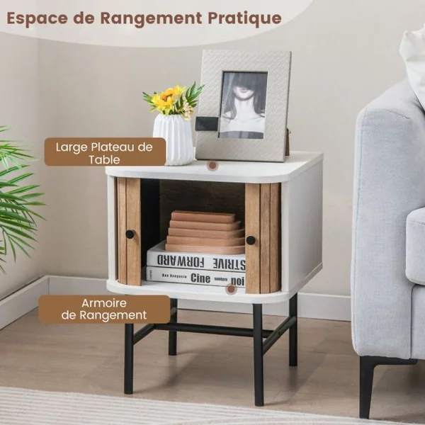 Table de Chevet avec Portes Coulissantes Moderne Du Milieu Du Siècle avec Armoire de Rangement Pieds en Métal Table D'appoint Compacte Blanc/Noir