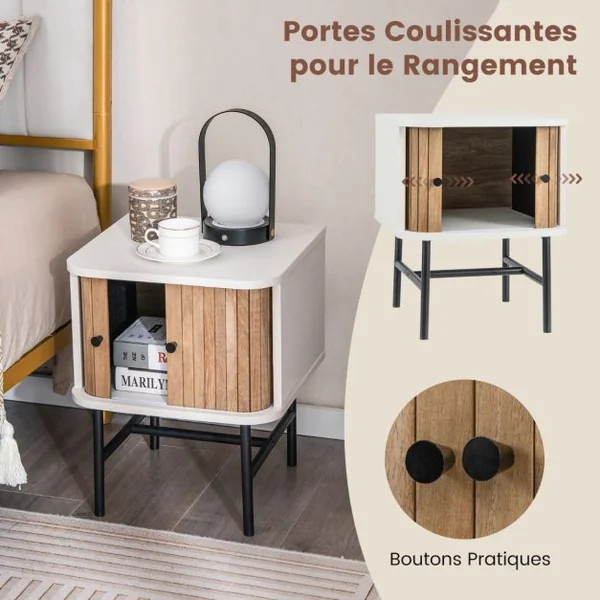 Table de Chevet avec Portes Coulissantes Moderne Du Milieu Du Siècle avec Armoire de Rangement Pieds en Métal Table D'appoint Compacte Blanc/Noir