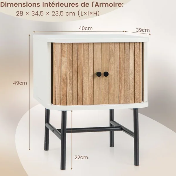 Table de Chevet avec Portes Coulissantes Moderne Du Milieu Du Siècle avec Armoire de Rangement Pieds en Métal Table D'appoint Compacte Blanc/Noir
