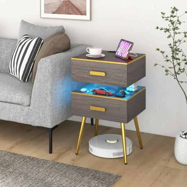 Table de Chevet avec Prise Table de Nuit Intelligente 2 Tiroirs avec Lumières LED en 16 Couleurs Lumiosité Réglable Télécommode Gris