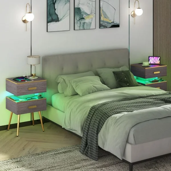 Table de Chevet avec Prise Table de Nuit Intelligente 2 Tiroirs avec Lumières LED en 16 Couleurs Lumiosité Réglable Télécommode Gris