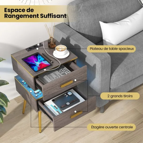 Table de Chevet avec Prise Table de Nuit Intelligente 2 Tiroirs avec Lumières LED en 16 Couleurs Lumiosité Réglable Télécommode Gris