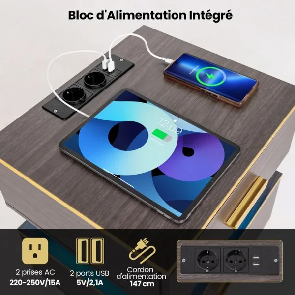 Table de Chevet avec Prise Table de Nuit Intelligente 2 Tiroirs avec Lumières LED en 16 Couleurs Lumiosité Réglable Télécommode Gris