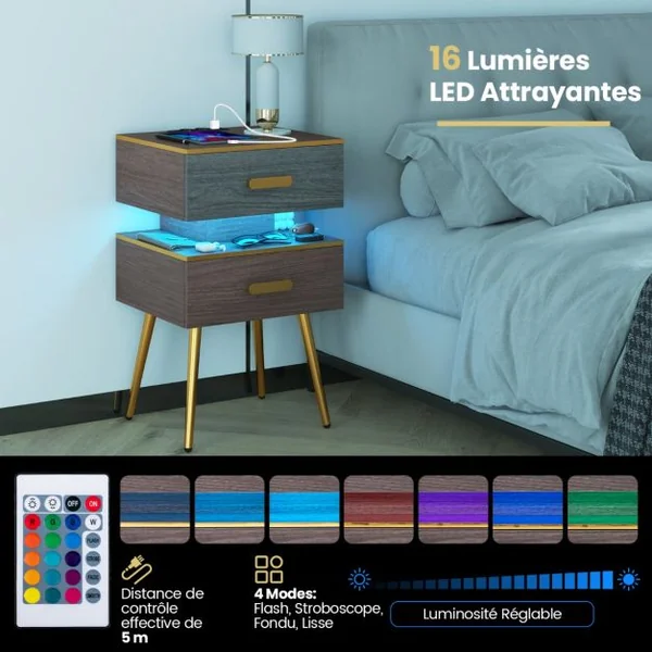Table de Chevet avec Prise Table de Nuit Intelligente 2 Tiroirs avec Lumières LED en 16 Couleurs Lumiosité Réglable Télécommode Gris