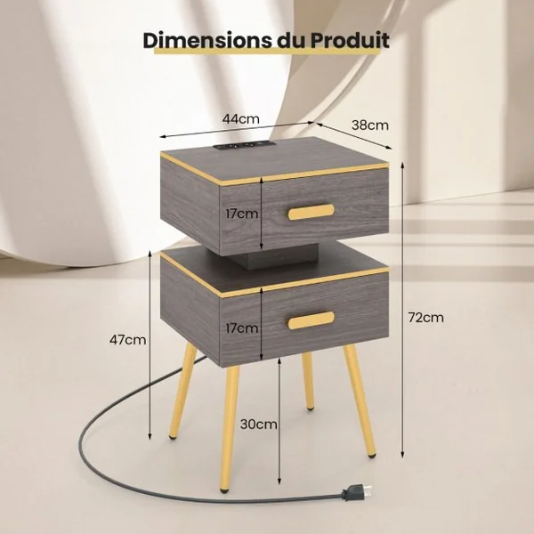 Table de Chevet avec Prise Table de Nuit Intelligente 2 Tiroirs avec Lumières LED en 16 Couleurs Lumiosité Réglable Télécommode Gris