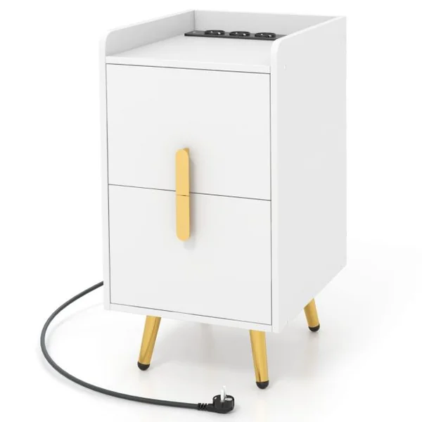 Table de Chevet avec Prise Table de Nuit Intelligente 2 Tiroirs Coulissants 1 Passe-câble 2 Ports USB & 3 Prises Bords Surélevés 40 x 32 x 60 cm Blanc/Café