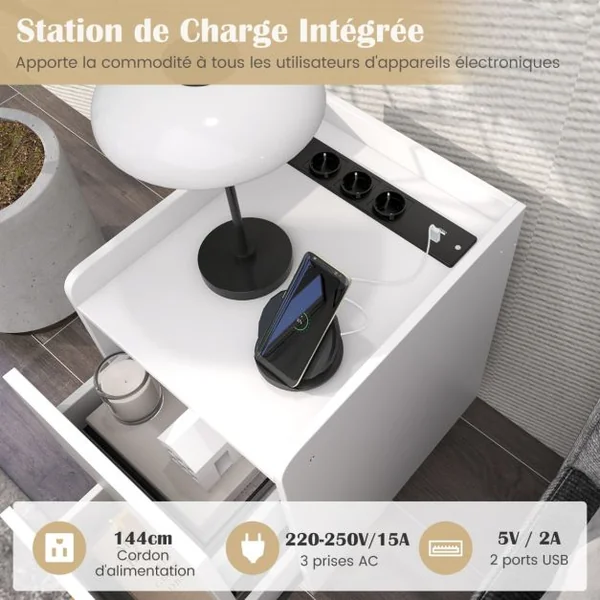 Table de Chevet avec Prise Table de Nuit Intelligente 2 Tiroirs Coulissants 1 Passe-câble 2 Ports USB & 3 Prises Bords Surélevés 40 x 32 x 60 cm Blanc/Café