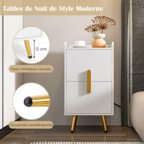 Table de Chevet avec Prise Table de Nuit Intelligente 2 Tiroirs Coulissants 1 Passe-câble 2 Ports USB & 3 Prises Bords Surélevés 40 x 32 x 60 cm Blanc/Café