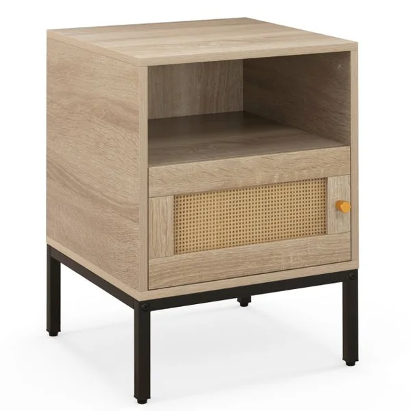 Table de Chevet avec Rangement Table d'Appoint de Style Bohème Etagère Ouverte Armoire à Porte Décoration en Rotin Pieds en Métal