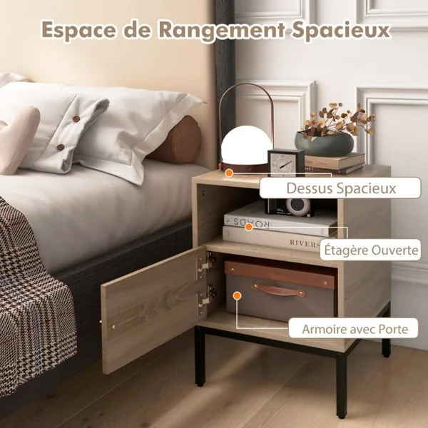 Table de Chevet avec Rangement Table d'Appoint de Style Bohème Etagère Ouverte Armoire à Porte Décoration en Rotin Pieds en Métal