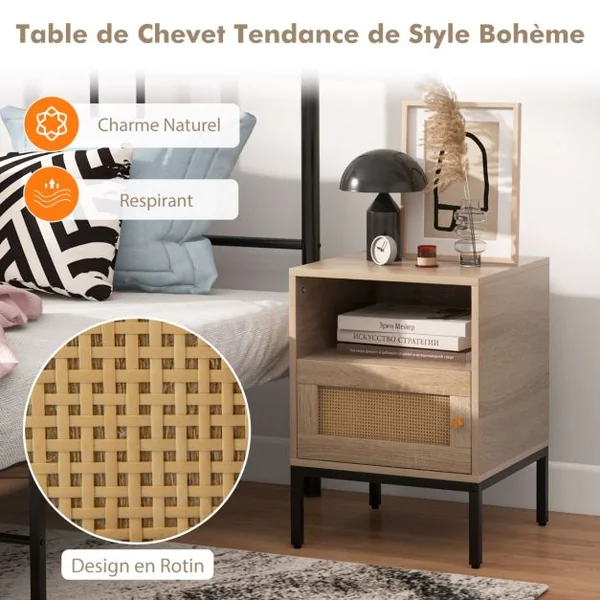 Table de Chevet avec Rangement Table d'Appoint de Style Bohème Etagère Ouverte Armoire à Porte Décoration en Rotin Pieds en Métal