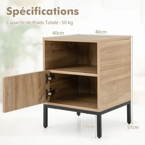 Table de Chevet avec Rangement Table d'Appoint de Style Bohème Etagère Ouverte Armoire à Porte Décoration en Rotin Pieds en Métal