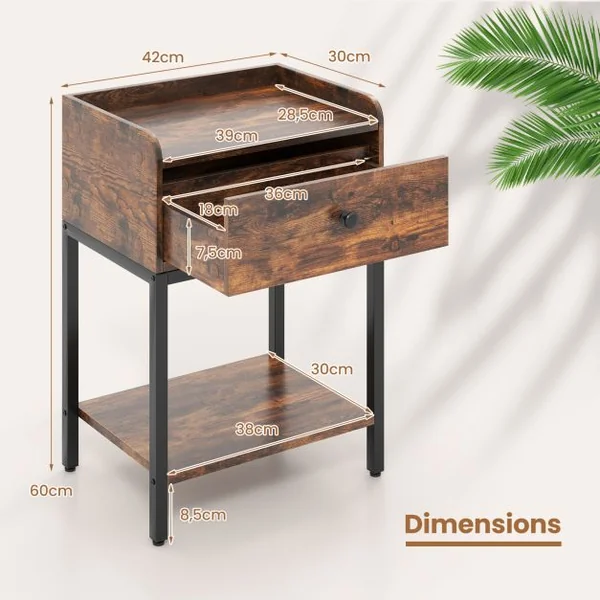 Table de Chevet avec Station de Recharge Table d'Appoint Industrielle avec Tiroir et Étagère de Rangement Cadre en Métal Robuste Bout de Canapé Marron Rustique