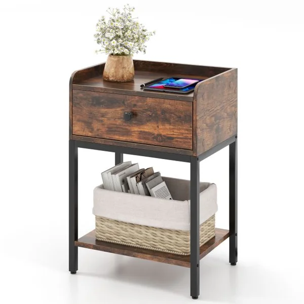 Table de Chevet avec Station de Recharge Table d'Appoint Industrielle avec Tiroir et Étagère de Rangement Cadre en Métal Robuste Bout de Canapé Marron Rustique