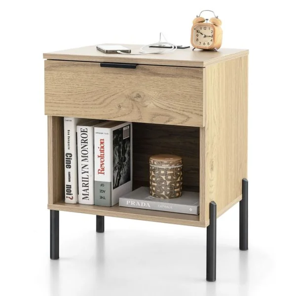 Table de Chevet avec Station de Recharge Table de Nuit avec Tiroir et Compartiment Ouvert Table d'Appoint avec Grain de Bois Naturelle
