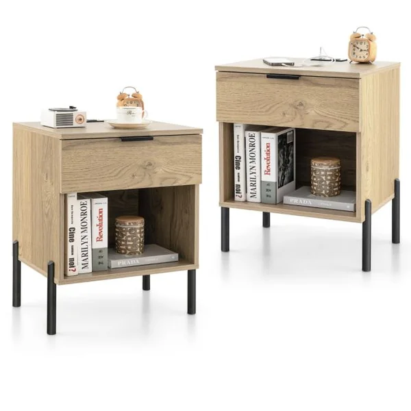 Table de Chevet avec Station de Recharge Table de Nuit avec Tiroir et Compartiment Ouvert Table d'Appoint avec Grain de Bois Naturelle