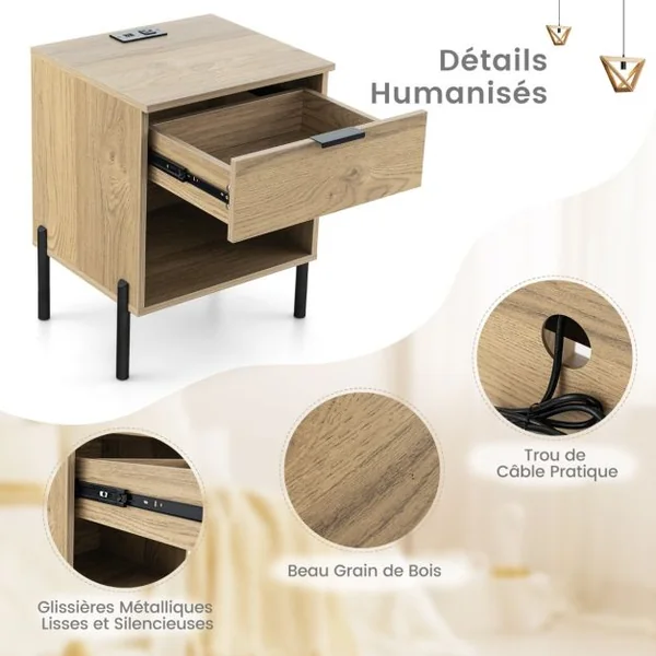 Table de Chevet avec Station de Recharge Table de Nuit avec Tiroir et Compartiment Ouvert Table d'Appoint avec Grain de Bois Naturelle