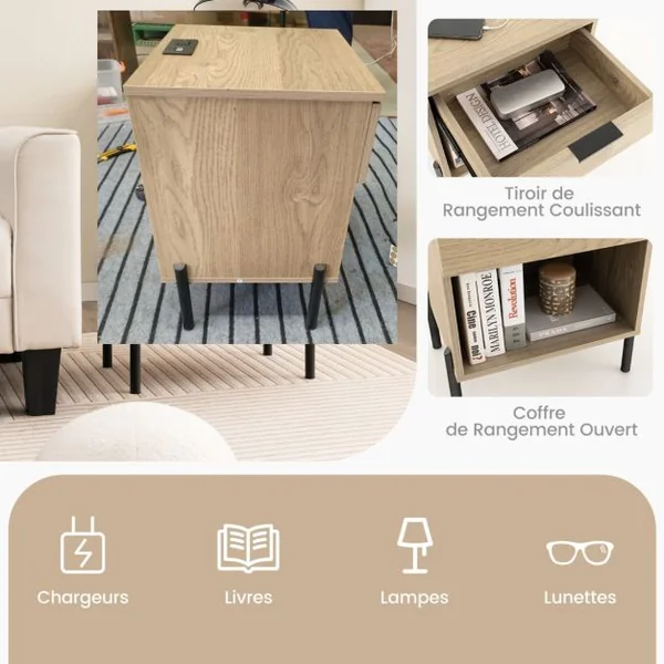 Table de Chevet avec Station de Recharge Table de Nuit avec Tiroir et Compartiment Ouvert Table d'Appoint avec Grain de Bois Naturelle