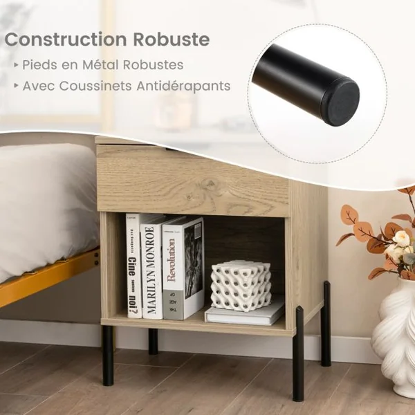 Table de Chevet avec Station de Recharge Table de Nuit avec Tiroir et Compartiment Ouvert Table d'Appoint avec Grain de Bois Naturelle