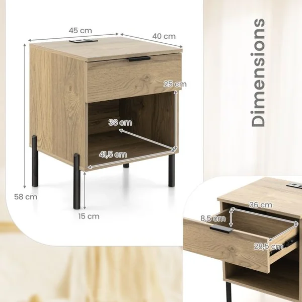 Table de Chevet avec Station de Recharge Table de Nuit avec Tiroir et Compartiment Ouvert Table d'Appoint avec Grain de Bois Naturelle