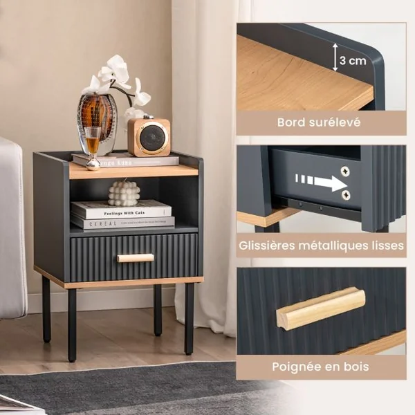 Table de Chevet avec Tiroir Table de Nuit avec Étagère Ouverte Table d'Appoint Moderne pour Salon Chambre Petit Espace Gris