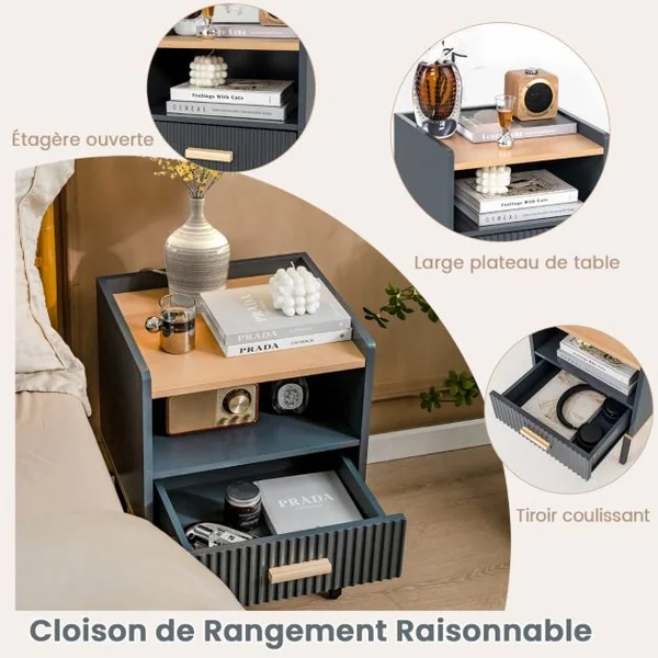 Table de Chevet avec Tiroir Table de Nuit avec Étagère Ouverte Table d'Appoint Moderne pour Salon Chambre Petit Espace Gris