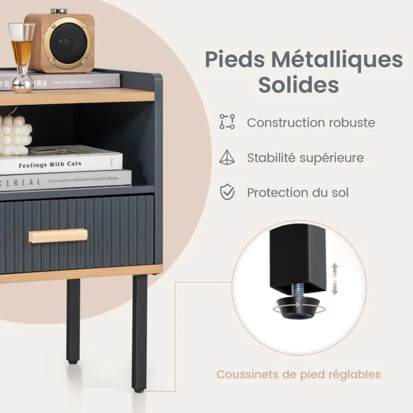 Table de Chevet avec Tiroir Table de Nuit avec Étagère Ouverte Table d'Appoint Moderne pour Salon Chambre Petit Espace Gris