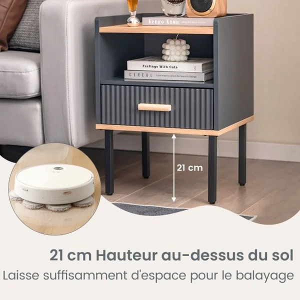 Table de Chevet avec Tiroir Table de Nuit avec Étagère Ouverte Table d'Appoint Moderne pour Salon Chambre Petit Espace Gris