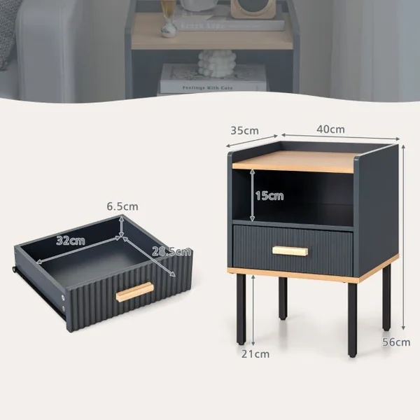 Table de Chevet avec Tiroir Table de Nuit avec Étagère Ouverte Table d'Appoint Moderne pour Salon Chambre Petit Espace Gris