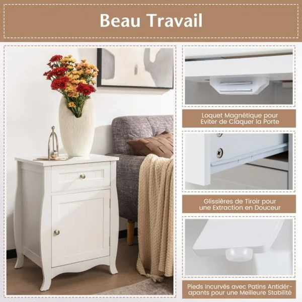 Table de Chevet avec Tiroir Table de Nuit Pieds Incurvés Espace de Rangement pour Chambre Salon Bureau 45x34x60,5cm Blanc