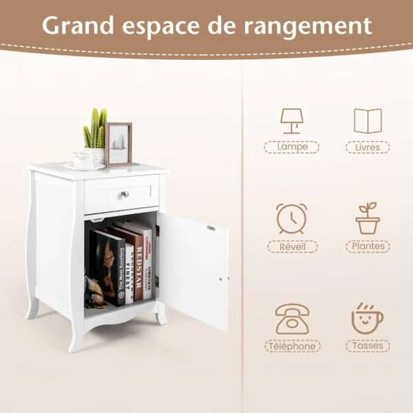 Table de Chevet avec Tiroir Table de Nuit Pieds Incurvés Espace de Rangement pour Chambre Salon Bureau 45x34x60,5cm Blanc