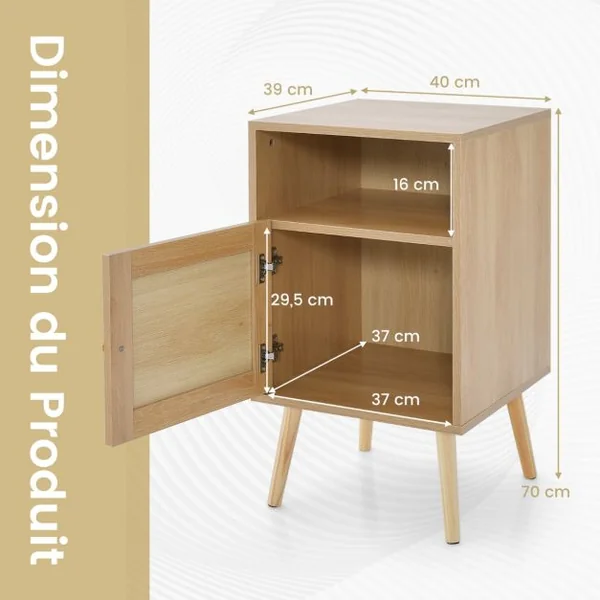 Table de Chevet avec à Porte Cannage et Pieds en Bois Massif Table de Nuit Bohême Fermeture Silencieuse Table d'Appoint ave pour Salon Chambre 40 x 39 x 70 cm