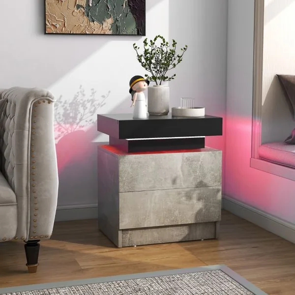 Table de Chevet avec Éclairage LED 20 Couleurs Table de Nuit 2 Tiroirs en Texture Marbre Chevet de Lit pour Chambre Table d’Appoint Noir
