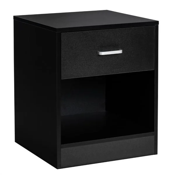 Table de Chevet Bois Table de Nuit 45 x 42,5 x 55 cm avec Tiroir Chevet de Lit Noir Grand Compartiment Poignée en Métal Planche Lisse Imperméable Noir