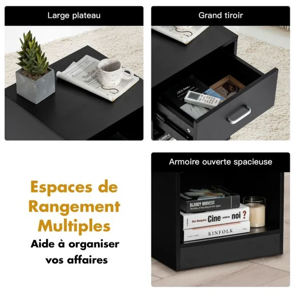 Table de Chevet Bois Table de Nuit 45 x 42,5 x 55 cm avec Tiroir Chevet de Lit Noir Grand Compartiment Poignée en Métal Planche Lisse Imperméable Noir