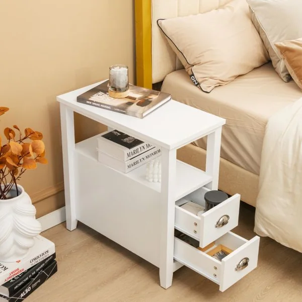 Table de Chevet Bout de Canapé avec 2 Tiroirs et 1 Etagère de Rangement en Bois Blanc
