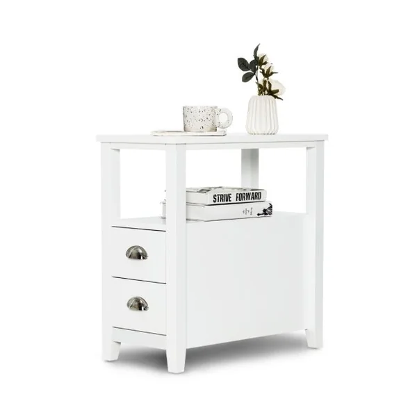 Table de Chevet Bout de Canapé avec 2 Tiroirs et 1 Etagère de Rangement en Bois Blanc