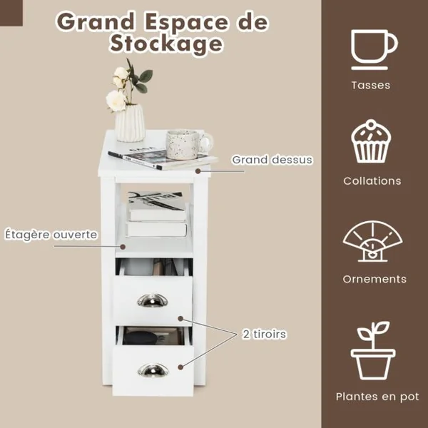 Table de Chevet Bout de Canapé avec 2 Tiroirs et 1 Etagère de Rangement en Bois Blanc