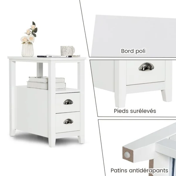 Table de Chevet Bout de Canapé avec 2 Tiroirs et 1 Etagère de Rangement en Bois Blanc