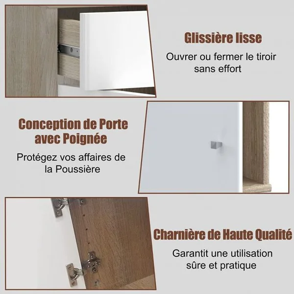 Table de Chevet en Bois Table de Nuit à roulettes avec Tiroir et Placard pour Bureau Salon Chambre 42,5 x 45 x 54,5 cm