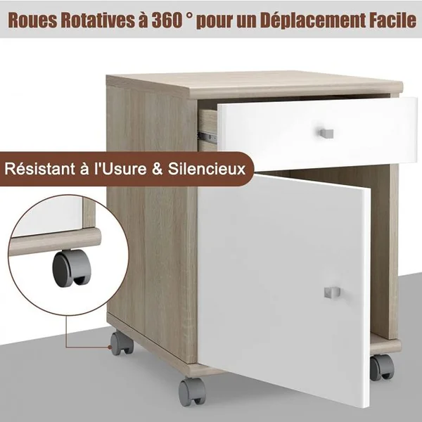 Table de Chevet en Bois Table de Nuit à roulettes avec Tiroir et Placard pour Bureau Salon Chambre 42,5 x 45 x 54,5 cm
