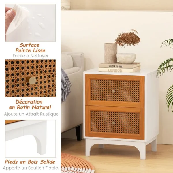 Table de Chevet en Rotin Naturel Table d'Appoint Bohème avec 2 Tiroirs Décorés en Rotin Tissé à la Main Table de Nuit avec Pieds Blanc