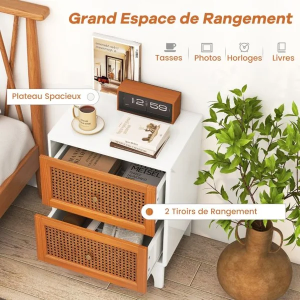 Table de Chevet en Rotin Naturel Table d'Appoint Bohème avec 2 Tiroirs Décorés en Rotin Tissé à la Main Table de Nuit avec Pieds Blanc