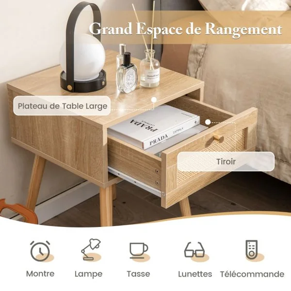 Table de Chevet en Rotin Table de Nuit Bois avec Tiroir et 4 Pieds en Pin Chevet de Lit pour Chambre Salon Style Naturel 40 x 40 x 55 cm