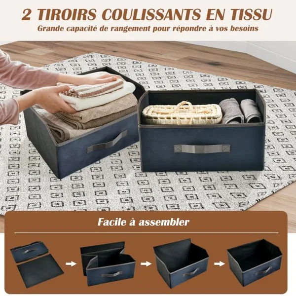 Table de Chevet Industrielle Table de nuit avec 2 Troirs en Tissu Bout de Canapé Cadre Méta pour Chambre Salon Bureau 45 x 30 x 51 cm