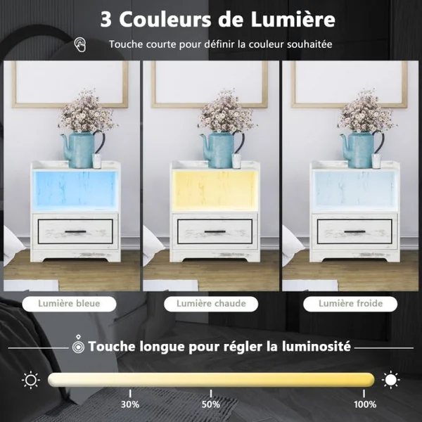 Table de Chevet Led Intelligente Port Usb Couleurs de Lumière et Luminosité Réglables Blanc/Noir