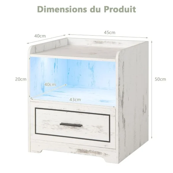 Table de Chevet Led Intelligente Port Usb Couleurs de Lumière et Luminosité Réglables Blanc/Noir