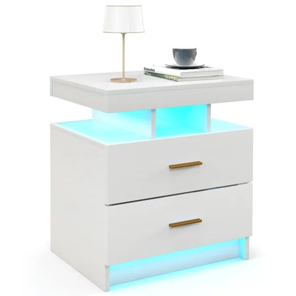 Table de Chevet LED Table de Nuit Brillante avec 2 Tiroirs de Rangement Table d'Appoint Moderne avec Mode d'Eclairage Réglable Blanc