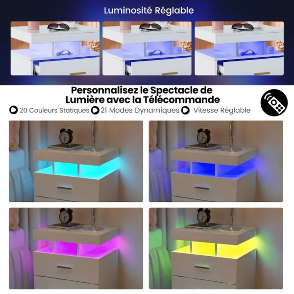 Table de Chevet LED Table de Nuit Brillante avec 2 Tiroirs de Rangement Table d'Appoint Moderne avec Mode d'Eclairage Réglable Blanc