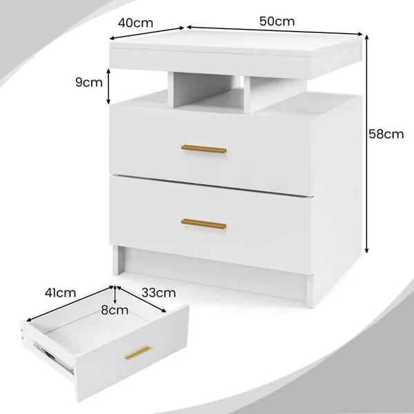 Table de Chevet LED Table de Nuit Brillante avec 2 Tiroirs de Rangement Table d'Appoint Moderne avec Mode d'Eclairage Réglable Blanc